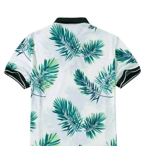 White Vacation Style Men's Tropical Print Polo Shirt - Picture 3 of 5